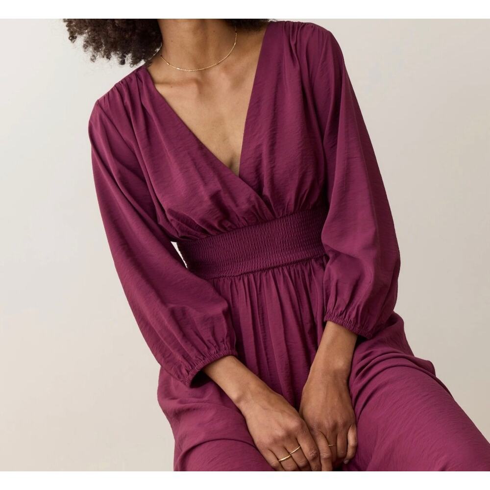 Marine Layer Daphne Maxi Dress XS Fig Purple Smocked V-Neck Tencel Long Sleeve.